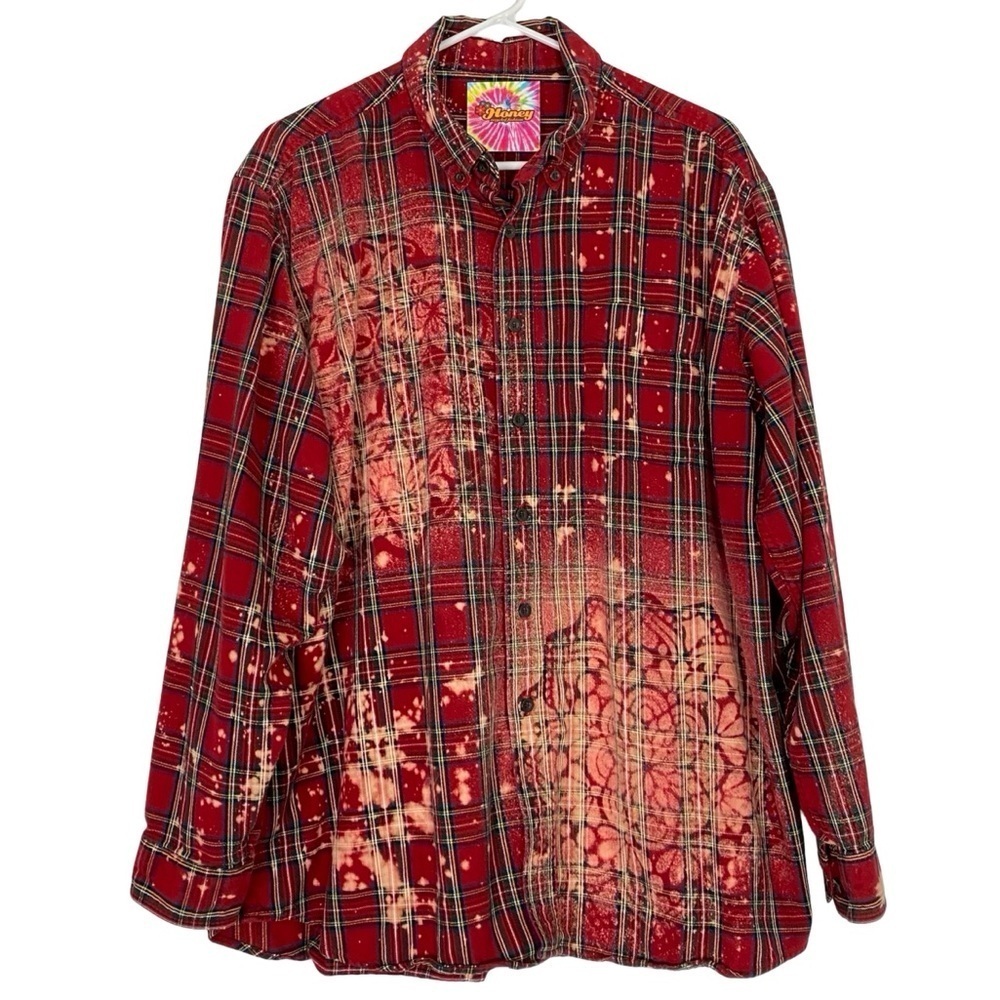 Handmade Floral Flannel Shirt Unisex Size XL XXL Bleached Plaid Button Down Red